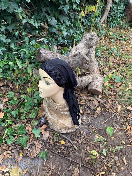 Black Pre Tied Headscarf For Women With Unique Black Sparkly Appliqué Design | Dressy or Casual | Black Modern Fitted Hijab | Made in the USA