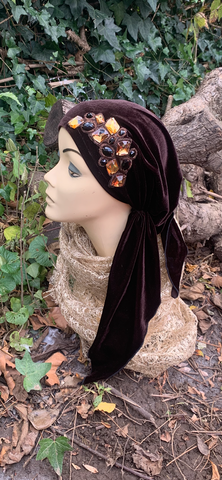 Fashion Headscarf For Women | Brown Stretchy Rich Premium Stretchy Velvet Pre Tied Bandana | Made in USA