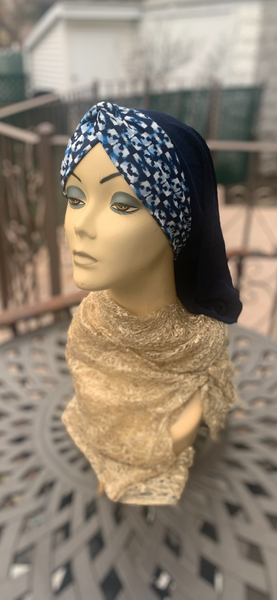 Blue Black Snood Hijab Tichel With Dark Navy Mix Front Headband