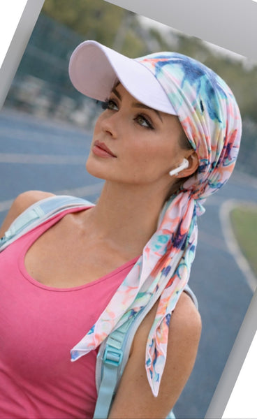 Sun Visor For Shade | Boat Safe Design | White Tennis Hat | Floral Scarf With Visor | Pre Tied Headscarf | Made in USA by Uptown Girl Headwear