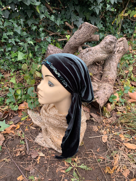 Premium Velvet Green Headscarf For Women | Comfy Stretchy Lightweight Tichel Hair Wrap Hijab Scarf With Green Sparkly Design | Made in the USA