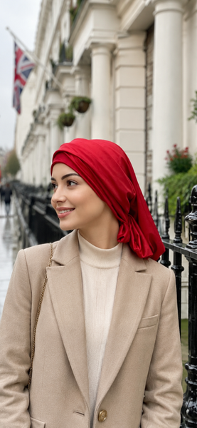 Best Red Headscarf For Woman | Red Wrap Around Turban Snood | Wig Alternative | Modern Hijab | Made in USA by Uptown Girl Headwear