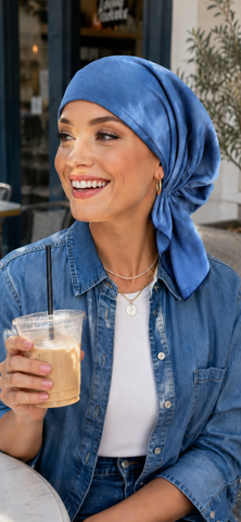 Wig Alternative | Blue Tie Dye Pre Tied Elasticated Slip On Headscarf | Fashion Bandana Modern Hijab Tichel | Easy To Wear Head Cover | Cute Hair Wrap