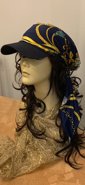 Navy Blue Sun Visor Headscarf With Design | Rich Stylish Pattern | Fashion Beanie With Brim | Hijab or Wig Alternate For Long Hair Short Hair or Thinning Hair