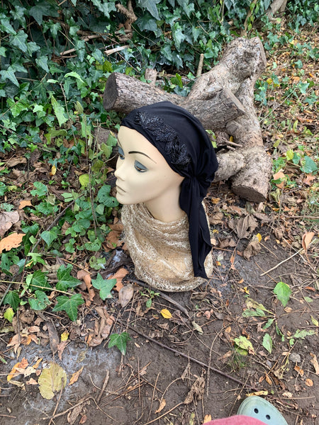 Black Pre Tied Headscarf For Women With Unique Black Sparkly Appliqué Design | Dressy or Casual | Black Modern Fitted Hijab | Made in the USA