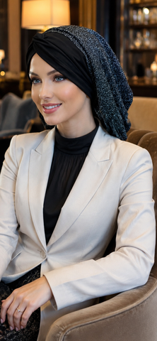 Black Silver Tichel Snood | Long Turban | Modern Hijab | Beautiful Headscarf For Women | Easy To Wear Hair Scarf To Cover Your Hair