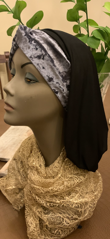 Grey Velvet & Black Lycra Snood Turban Hijab XS Fit
