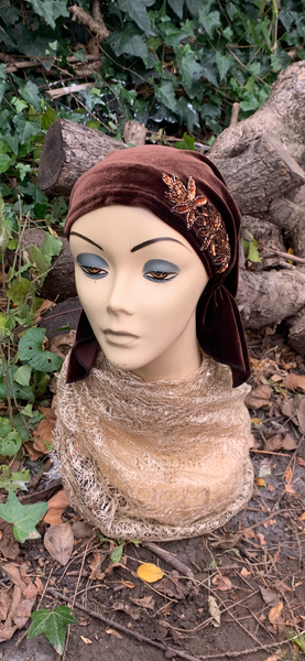 Beautiful Brown Velvet Pre Tied Headscarf With Sparkly Sequins | Made in USA
