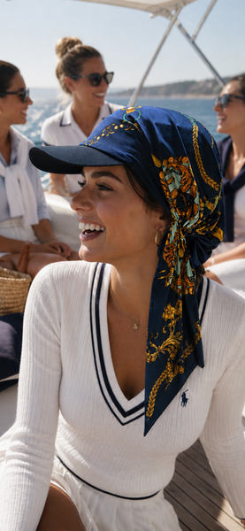 Navy Blue Sun Visor Headscarf With Design | Rich Stylish Pattern | Fashion Beanie With Brim | Hijab or Wig Alternate For Long Hair Short Hair or Thinning Hair
