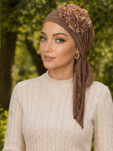 Vintage Style Headscarf | Hijab Hair Scarf Tichel | Tie Back Hat Lycra Dressy Pre-Tied Scarf With Beautiful Floral Design | Made in USA