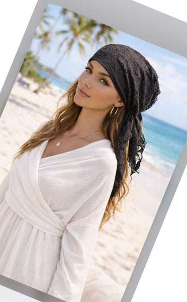 Black Lace Pre Tied Head Scarf | Fashion Lace Headscarf For Women | Black Modern Hijab | Proudly Made in the USA by Uptown Girl Headwear