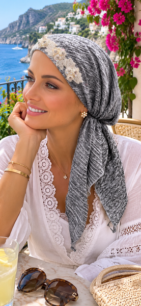 Premium Headscarf | Grey Headscarf For Women | Pre Tied Elasicized Hair Covering With Beautiful Design | Easy To Wear Hijab | Pretty Hair Scarf Tichel | Proudly Made in the USA by Uptown Girl Headwear