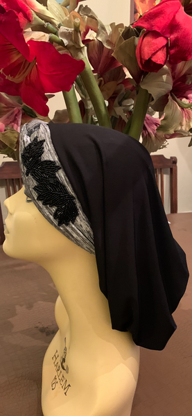 Vintage Style Black Grey Snood With Design | Hijab Turban Tichel Store In Brooklyn | Proudly Made in USA by Uptown Girl Headwear