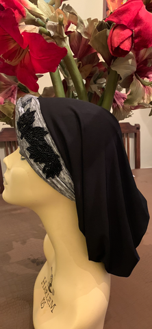 Vintage Style Black Grey Snood With Design | Hijab Turban Tichel Store In Brooklyn | Proudly Made in USA by Uptown Girl Headwear
