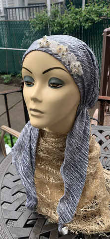 Premium Headscarf | Grey Headscarf For Women | Pre Tied Elasicized Hair Covering With Beautiful Design | Easy To Wear Hijab | Pretty Hair Scarf Tichel | Proudly Made in the USA by Uptown Girl Headwear