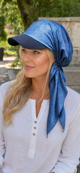 New Headscarf With Brim | Modern Hijab | Perfect For The Swimming Pool | Denim Look Sun Visor Head Scarf | Proudly Made In The USA by Uptown Girl Headwear
