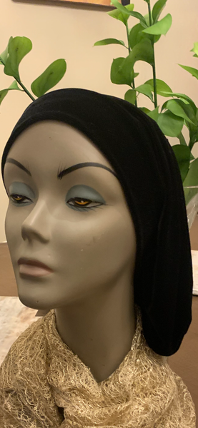 Black Snood Turban Beanie Hijab | Black Stretchy Rich Velvet Head Covering To Conceal Hair