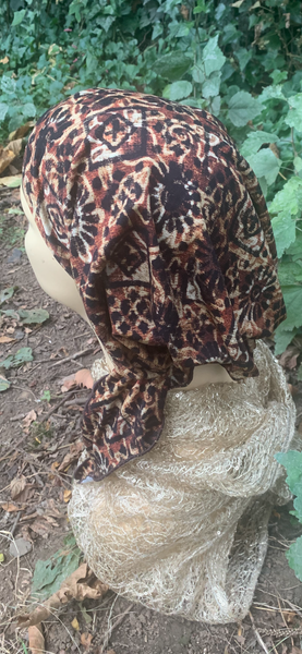 Brown Pre Tied Slip On Hijab Tichel Headscarf Bandana | Cross Design | Rustic Boho Chic Style | Proudly Made In the USA by Uptown Girl Headwear