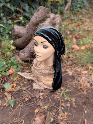 Premium Velvet Green Headscarf For Women | Comfy Stretchy Lightweight Tichel Hair Wrap Hijab Scarf With Green Sparkly Design | Made in the USA