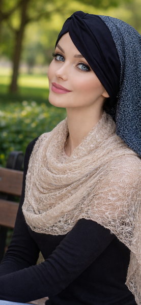 Black Silver Tichel Snood | Long Turban | Modern Hijab | Beautiful Headscarf For Women | Easy To Wear Hair Scarf To Cover Your Hair