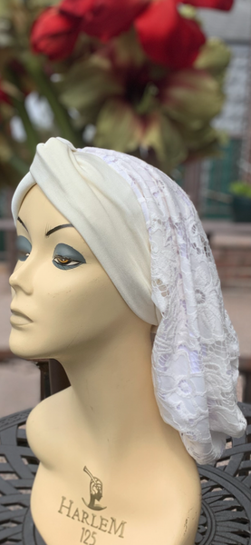 Lace Turban Tichel Head Covering | Light Color Ivory Snood Turban | Fancy Dressy Headscarf For Women | Made in USA