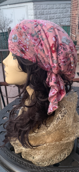 Pink Floral Pre Tied Head Scarf | Turban For Woman | Tichel Hair Covering