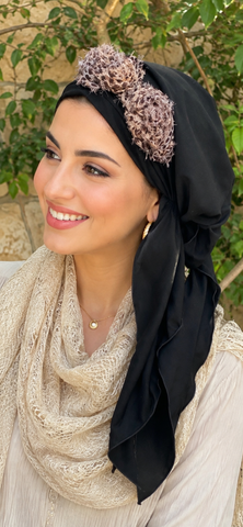 Bandana With Floral Design For Volume | Hat To Conceal Hair Brown Knit Floral Embellished Pre-Tied Head Scarf