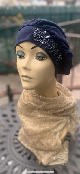 Beanie Hat | Soft Hat | Lightweight Beret | Pleated Navy Blue Hat Beret With Design