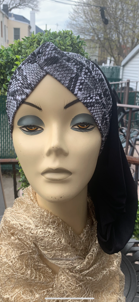 Black Snood With Grey Snake Skin Design | Modern Headscarf | Fashion Hair Scarf | Proudly Made in USA by Uptown Girl Headwear