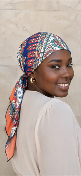 Tie Back Hat For Hair | Orange Multi Color Slip On Head Scarf | Fashion Headcover Made in America