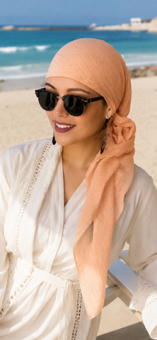 Fashion Headscarf For Women | Pre Tied Beach Scarf | Coral Color Cotton Hair Wrap | East Slip On Style Head Covering | Bandana Hijab Style