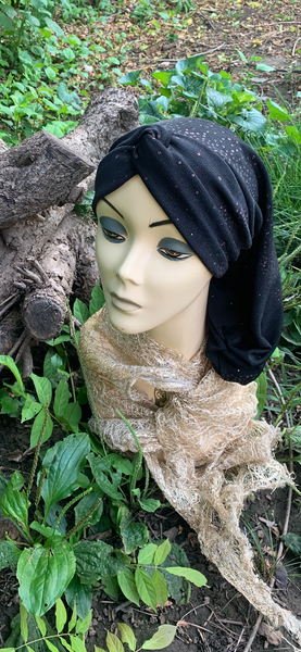 Black Slinky Snood | Black Hijab | Black Turban For Women With Copper Sparkle Design | Made in USA