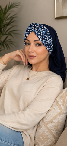 Blue Black Snood Hijab Tichel With Dark Navy Mix Front Headband