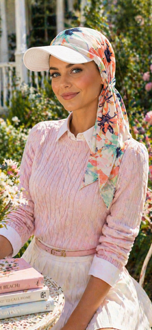 Sun Visor For Shade | Boat Safe Design | White Tennis Hat | Floral Scarf With Visor | Pre Tied Headscarf | Made in USA by Uptown Girl Headwear