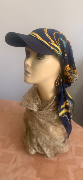 Navy Blue Sun Visor Headscarf With Design | Rich Stylish Pattern | Fashion Beanie With Brim | Hijab or Wig Alternate For Long Hair Short Hair or Thinning Hair