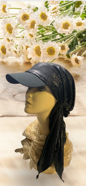 Uptown Girl Headwear New Modern Black Shiny Headscarf For Women | Head Scarf With Brim | Sun Visor Hat | Sun Shade Hat | Beachwear | Made in USA