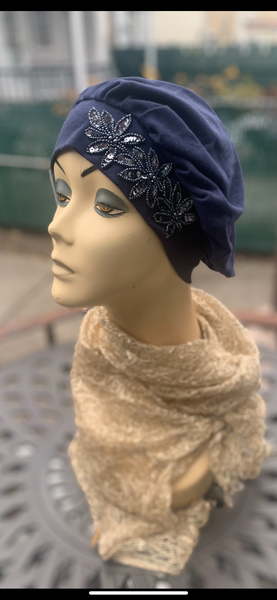 Beanie Hat | Soft Hat | Lightweight Beret | Pleated Navy Blue Hat Beret With Design