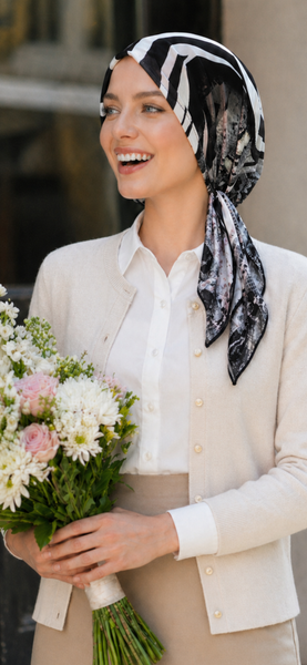 Head Scarf To Cover and Conceal Your Hair | Beach Vibes | Lycra Fabric Black Grey Small Medium Large Pre-Tied Hair Covering Beanie Style Tichel | Made in USA
