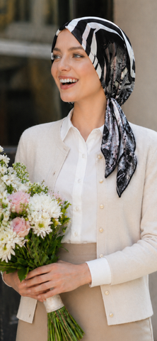 Head Scarf To Cover and Conceal Your Hair | Beach Vibes | Lycra Fabric Black Grey Small Medium Large Pre-Tied Hair Covering Beanie Style Tichel | Made in USA