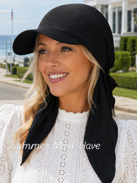Baseball Cap Scarf Black Sun Visor To Cover Conceal and Shade Hair by Uptown Girl Headwear. Made in USA