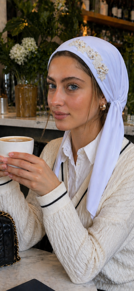 Vintage Fashion Headwear | Vintage Style Hair Scarf | White Pre-Tied Head Scarf Accented With Vintage Style Design | Proudly Made In The USA by Uptown Girl Headwear