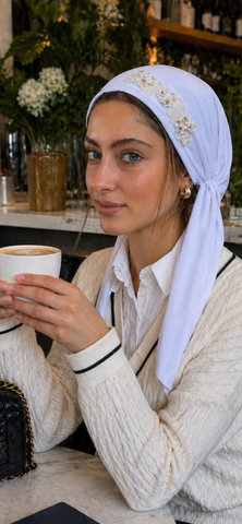 Vintage Fashion Headwear | Vintage Style Hair Scarf | White Pre-Tied Head Scarf Accented With Vintage Style Design | Proudly Made In The USA by Uptown Girl Headwear