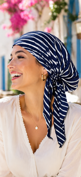Fashion Headscarf Tie Back Casual Athletic Hair Wrap Durag | Modern Hijab Head Scarf | Navy Pre Tied Gathered Head Wrap For Women | Made in the USA By Uptown Girl Headwear