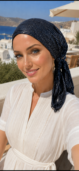 2 Black Silver Pre Tied Fitted Head Scarf | Very Lightweight and Delicate | Suitable For Small Adult Head