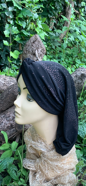Black Slinky Snood | Black Hijab | Black Turban For Women With Copper Sparkle Design | Made in USA
