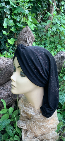 Black Slinky Snood | Black Hijab | Black Turban For Women With Copper Sparkle Design | Made in USA