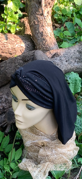 Black Snood Hijab Turban | Black Headscarf For Women With Modern Pretty Sparkle Design