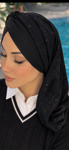 Black Snood | Black Solid Front With Sparkly Back Turban | Uptown Girl Headwear Classic Snood Turban | Black Hijab Style With Sparkles | Tichel For women | Made in USA