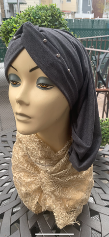 Grey Snood Turban Hijab With Silver Design