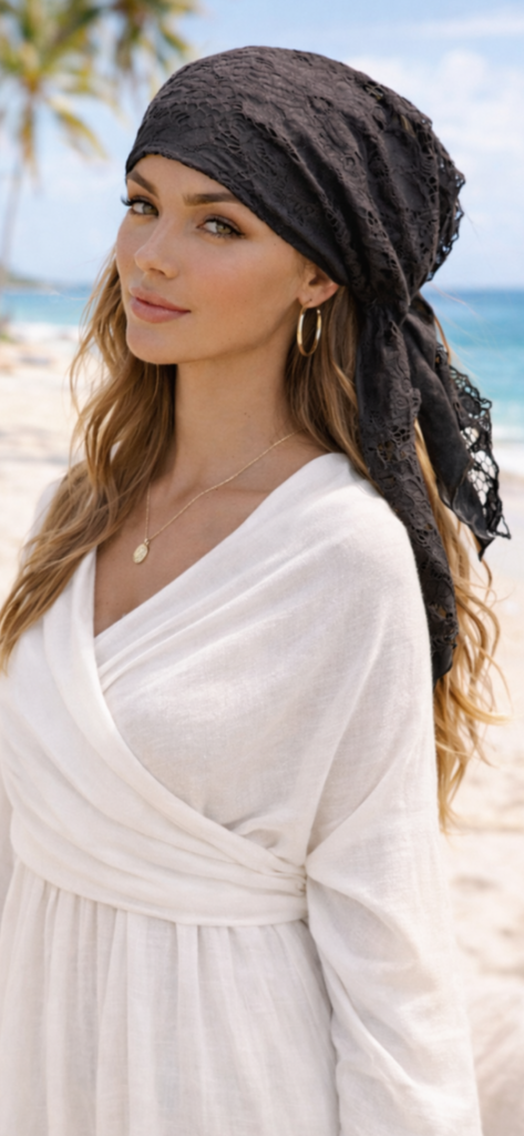 Black Lace Pre Tied Head Scarf | Fashion Lace Headscarf For Women | Black Modern Hijab | Proudly Made in the USA by Uptown Girl Headwear